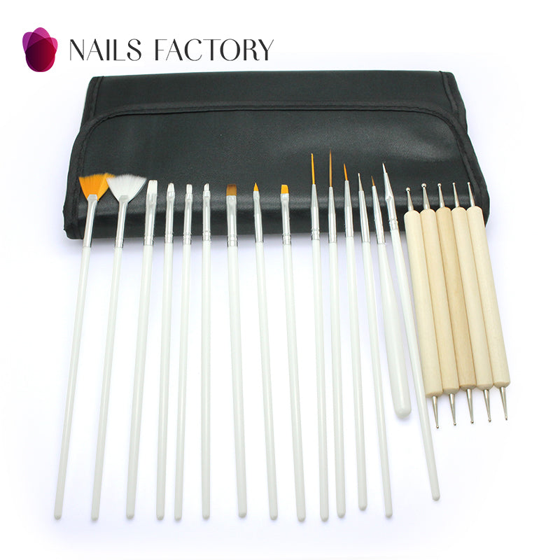 15-piece Nail Art Brush Set White & 5-piece Dotting Pen Set Wood